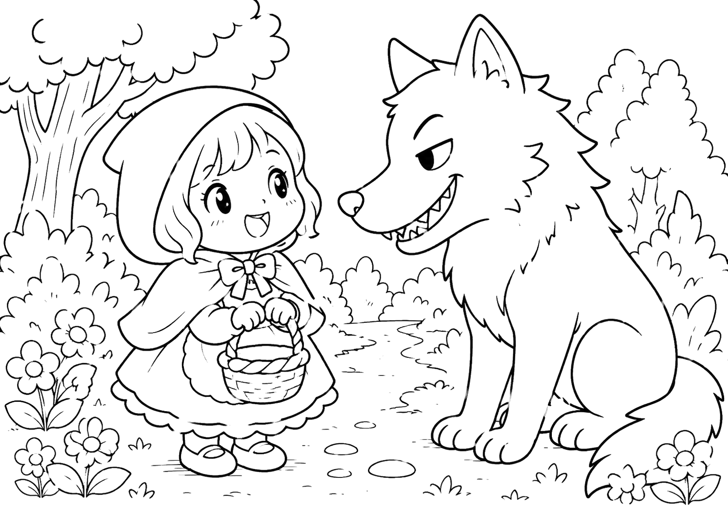 あかずきん：もりでオオカミとあう
