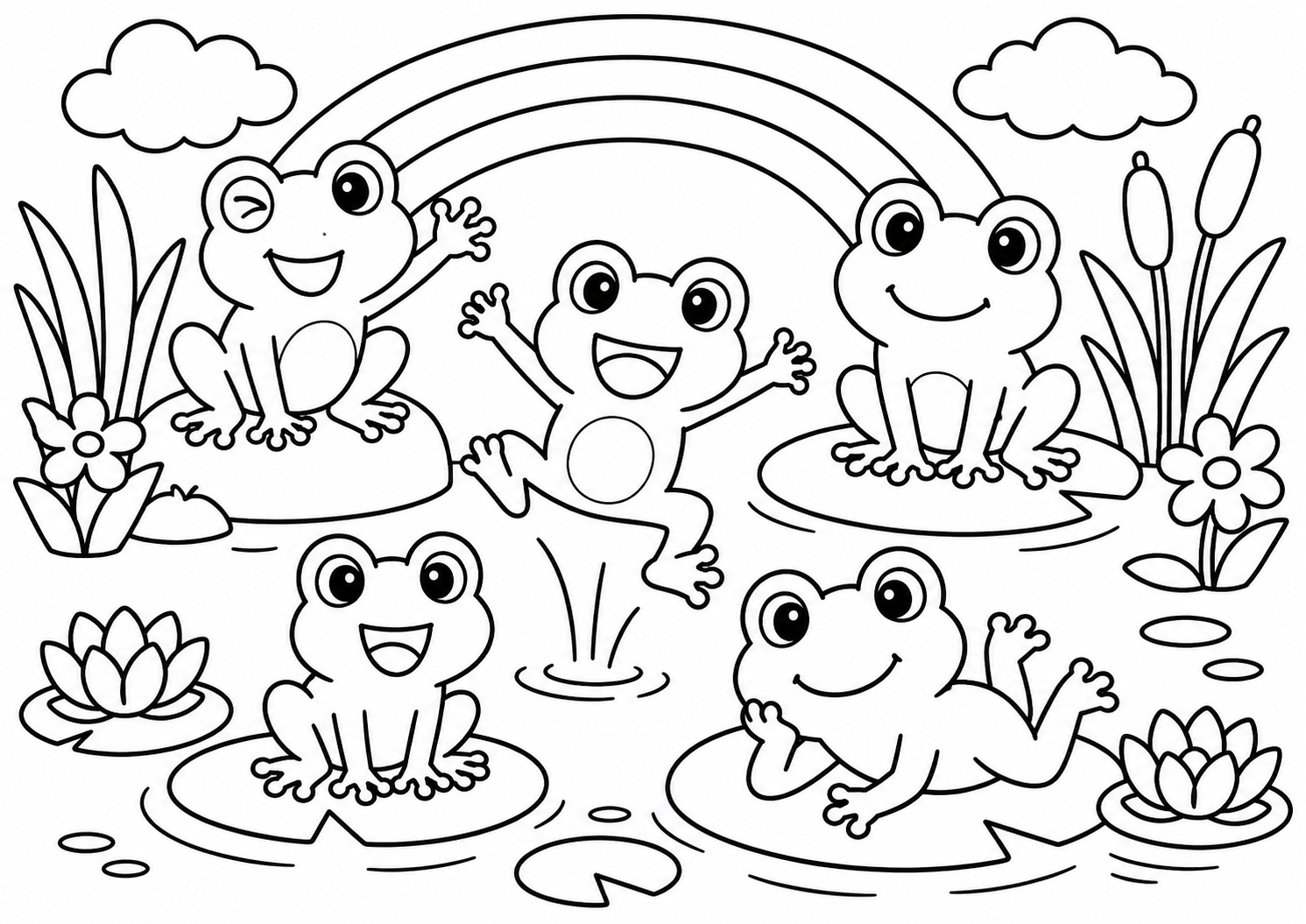 にじのいけでジャンプするカエルたち