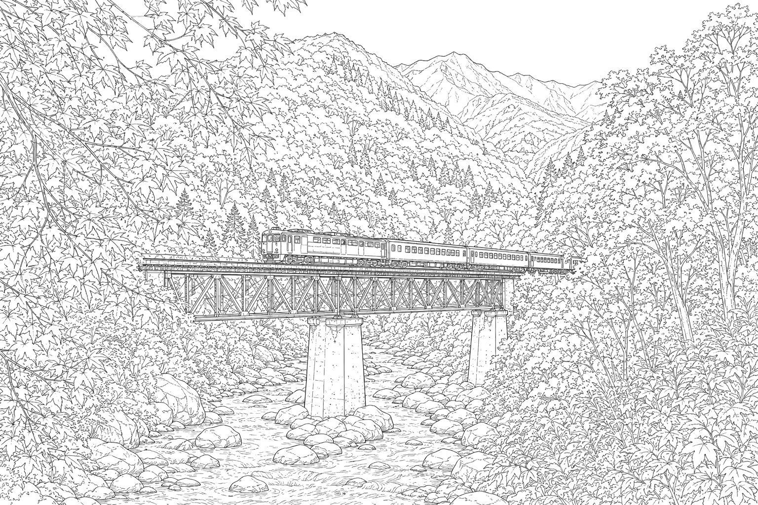紅葉の渓谷と列車(細密)