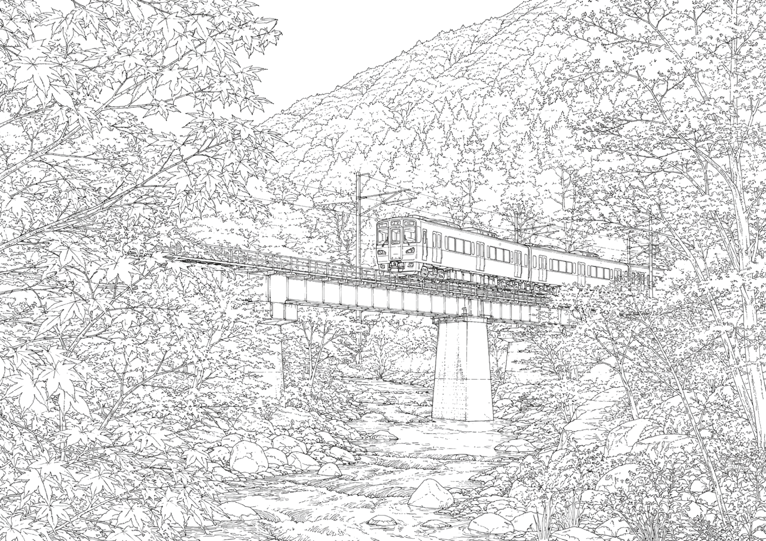 紅葉の山と列車(やさしい)