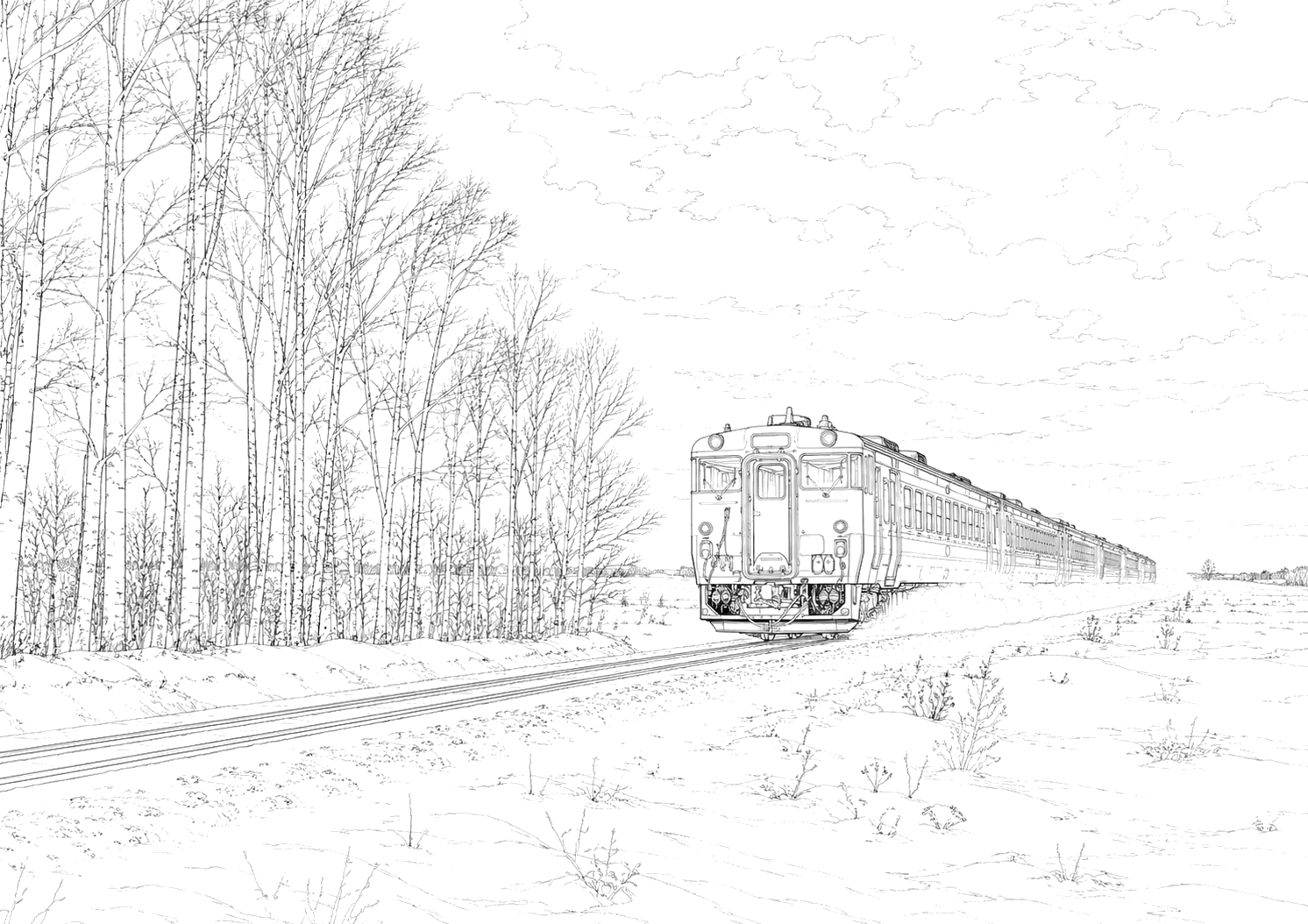 北海道の雪原と列車(細密)
