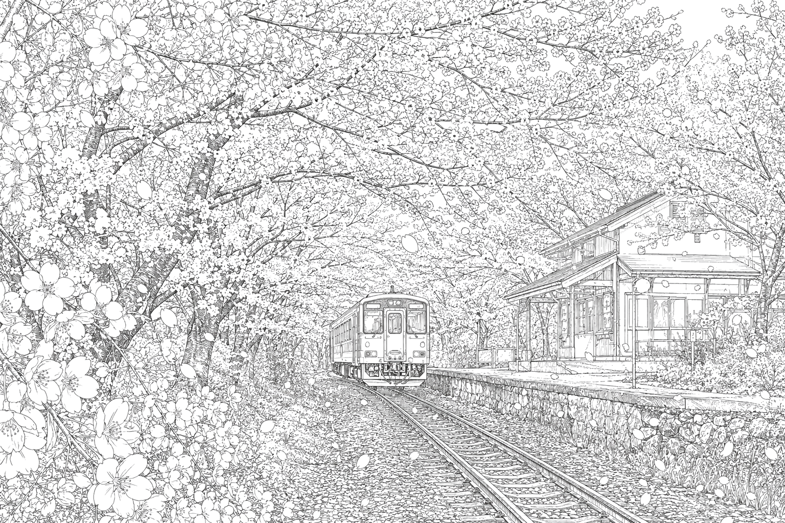 桜のトンネルと在来線(細密)