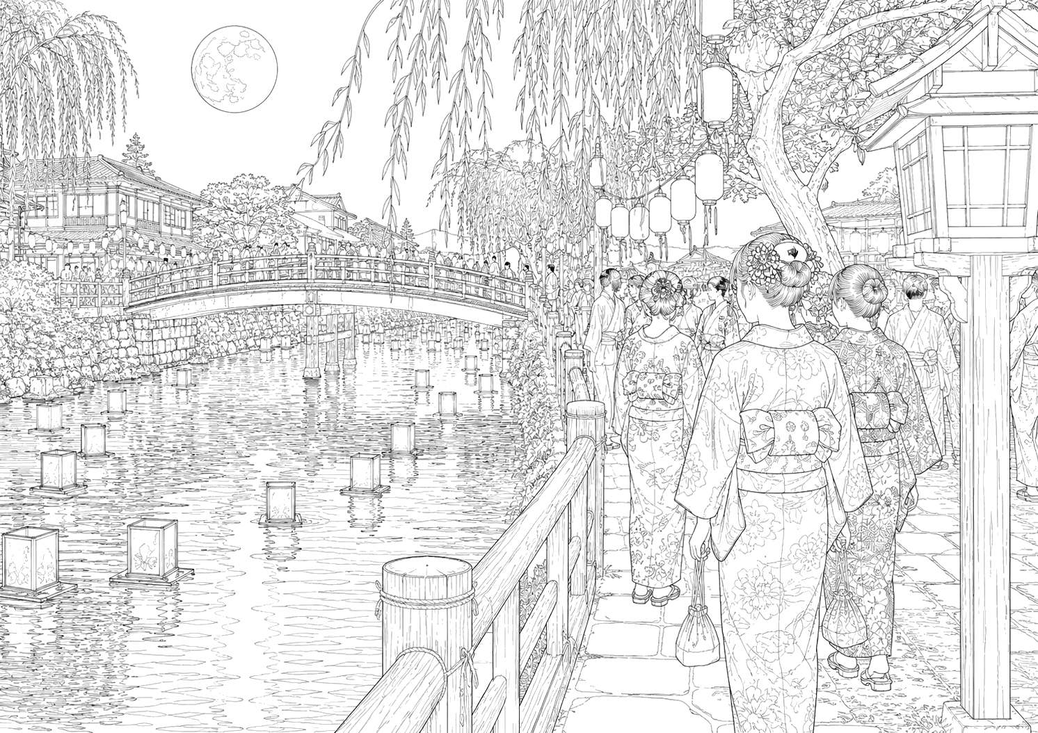 お盆の灯籠流しの夜（細密）
